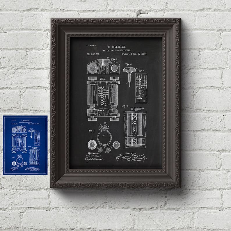 May include: A black and white illustration of a patent for an "Art of Compiling Statistics" machine, invented by H. Hollerith and patented on January 8, 1889. The patent number is 395,782.