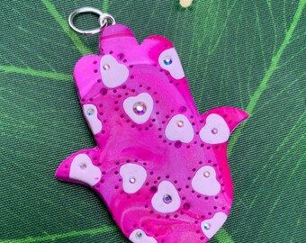 Hamsa Necklace, Pink, Polymer Clay, Magenta Hamsa, Jewelry, Handmade, OOAK, Crystal Hamsa, Women's Gift