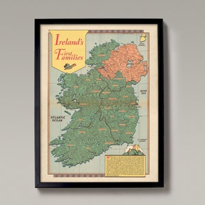 Mapa de clanes de familias irlandesas / Reproducción Giclée, mapa antiguo de Irlanda, decoración del hogar - Genealogía de Irlanda, póster antiguo de apellidos irlandeses
