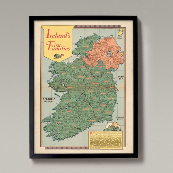 Mapa del clan de familias irlandesas / Reproducción Giclée, arte de pared vintage, decoración del hogar - Genealogía de Irlanda, cartel antiguo de nombres familiares irlandeses