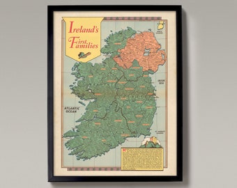 Irish Families Clan Map | Giclée Reproduction, antique Ireland map, home decor – Ireland's Genealogy, old poster of Irish Family Names
