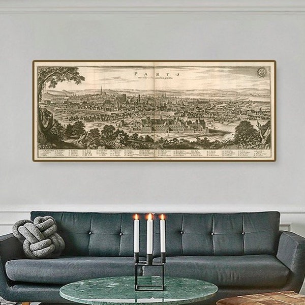 Paris - a Huge Panoramic Old Map Print | Historical Cityscape of French Capital; Bourse, Marais, Saint Germain, Chaps-Elysées, Paris France