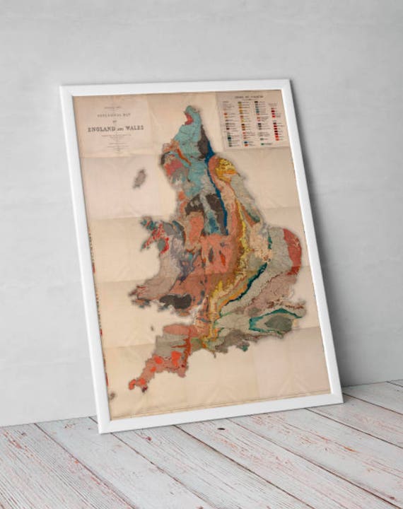 Old Map Of England Vintage Geological Survey Of England And Wales Historical Chart Print Poster Home Decor Wall Hanging English Art - 