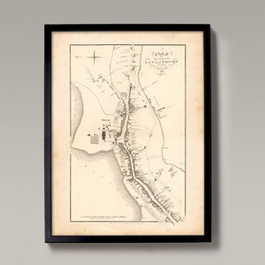 May include: A vintage map of Linlithgow, Scotland, printed in black and white. The map shows the town's streets, buildings, and landmarks. The title "Plan of the Town of Linlithgow" is printed at the top of the map.