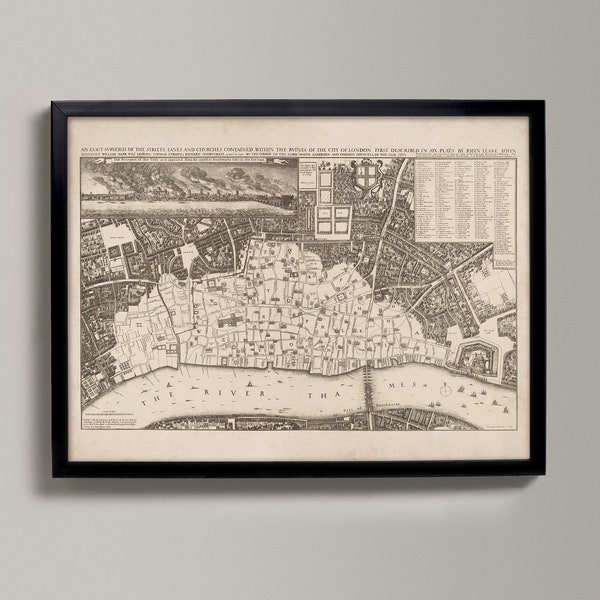 Old London Map, 1667 after the great fire. Londinium, Thames, and Tower | Fine Art Giclée Print | Old Map of London, a unique historic print