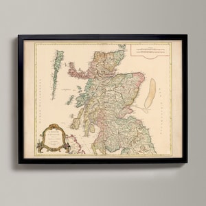 Mapa antigo da Escócia | Reprodução Giclée, arte de parede antiga, decoração de casa de Arte de parede escocesa histórica da cartografia francesa > de 1751