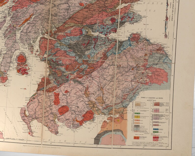 May include: A vintage geological map of Ireland, showing the different rock formations and their distribution across the country. The map is color-coded, with each color representing a different type of rock. The map also includes a key that explains the different colors and their corresponding rock types.