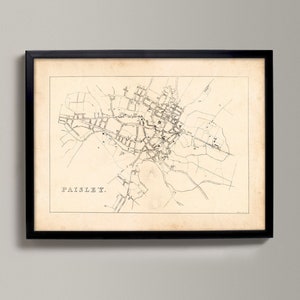 Ancienne carte de Paisley | Impression d'art | Affiche vintage de carte de ville du Renfrewshire, en Écosse, près de Glasgow, datant de 1828