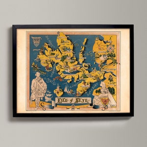 May include: A vintage illustrated map of the Isle of Skye, Scotland. The map is framed in black and features a blue background with yellow landmasses. The map includes text labels for various locations on the island, including the names of towns, mountains, and other landmarks. The map also features two figures in traditional Scottish clothing, one male and one female, standing on either side of the map's title.