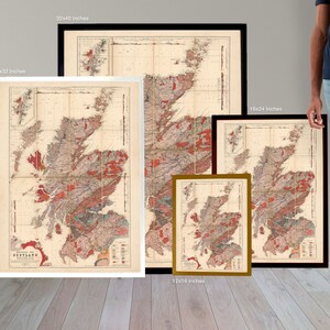 May include: A vintage map of Scotland showing geological formations in various colors, including red, green, blue, and brown. The map is available in four sizes: 12x16 inches, 18x24 inches, 24x32 inches, and 32x40 inches.