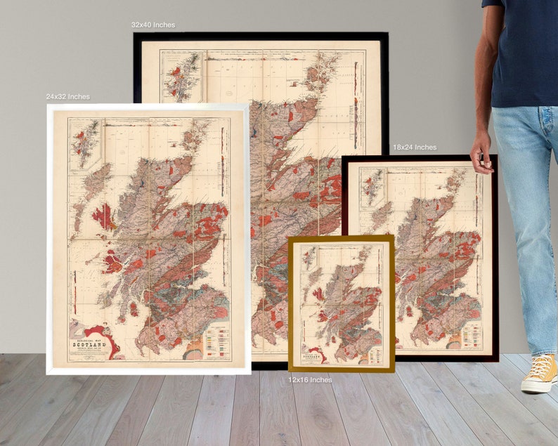 May include: A vintage map of Scotland showing geological formations in various colors, including red, green, blue, and brown. The map is available in four sizes: 12x16 inches, 18x24 inches, 24x32 inches, and 32x40 inches.