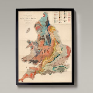 Oude kaart van Engeland | Vintage geologisch onderzoek van Engeland en Wales - historische kaartafdruk, poster, woondecoratie, wanddecoratie - Engelse kunst