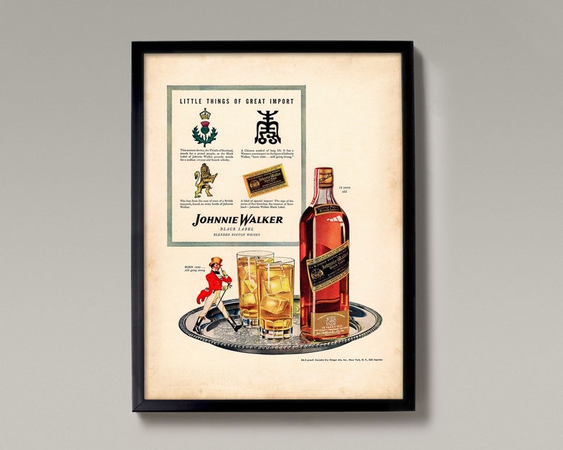 Johnnie Walker, Retro Vintage Advert | Old Whisky Poster, Old Fashioned Whiskey, Scotch Poster Print – Antique Effect Vintage Advertising image 1