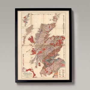 Carta Geológica Escocesa | Reprodução Giclée, Presente de Geólogo, Impressão de Mapa Escocês, Mapa de Parede Grande, Geologia Escócia, Geografia > de 1876
