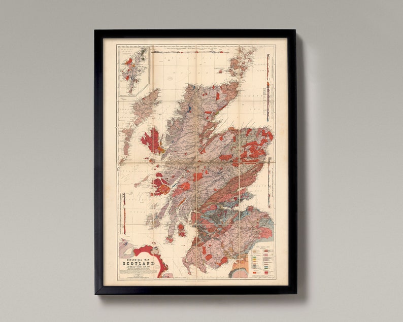 May include: A vintage geological map of Scotland, printed in black, red, and brown on a cream background. The map shows the different geological formations of Scotland, with a key at the bottom.