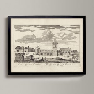La iglesia catedral de Dumblane / Dibujo histórico de la ciudad escocesa / Catedral de Dunblane, mapa antiguo de Dunblane, obsequio de Dunblane, punto de venta de Dunblane