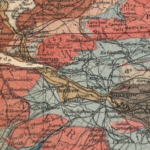May include: A vintage map of Scotland, showing the location of various towns and cities, including Glasgow, Edinburgh, and Dumbarton. The map is color-coded to indicate different geological formations.