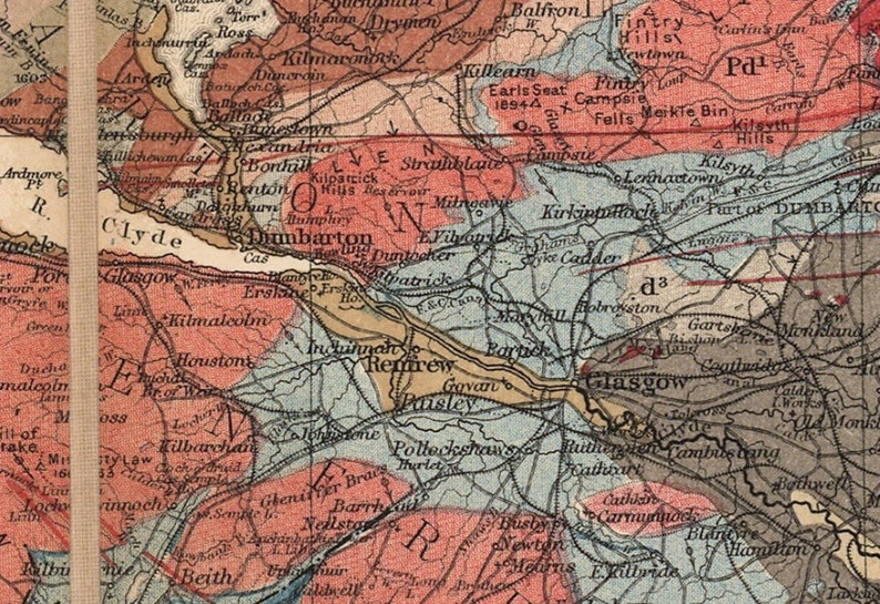 May include: A vintage map of Scotland, showing the location of various towns and cities, including Glasgow, Edinburgh, and Dumbarton. The map is color-coded to indicate different geological formations.