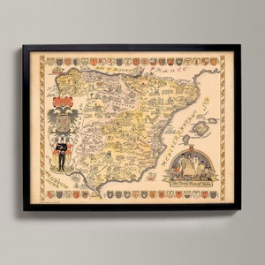 Spanish History Map | Giclée Reproduction Print, Antique Wall Art, Spanish Home Decor Genealogy, Old Map of Spain Family Chart from 1935
