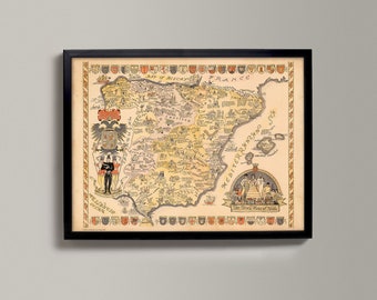 Spanish History Map | Giclée Reproduction Print, Antique Wall Art, Spanish Home Decor Genealogy, Old Map of Spain Family Chart from 1935