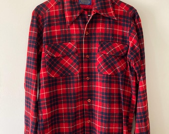 VINTAGE 1960s Pendleton Wool Red Plaid Board Button Shirt Small