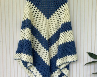VINTAGE Hand-Crocheted Blue and Off White Triangle Shawl Wrap