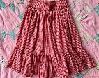 VINTAGE Western Ruffle Circle Skirt 70s Red Gingham Small