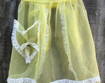 VINTAGE Buttercup Yellow Sheer Lace Half Apron with Bible Charm 1960s