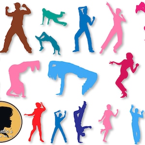 Puede incluir: Siluetas de personas en varias poses, algunas están bailando, otras saltando, otras están de pie. Las siluetas son de diferentes colores, incluyendo azul, rosa, morado, rojo, verde y marrón.