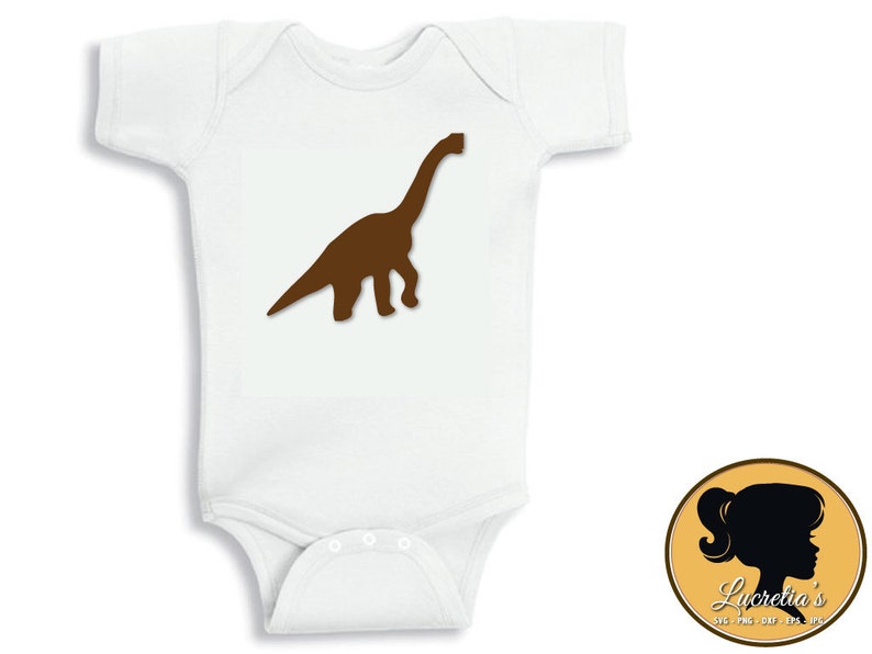 May include: White baby bodysuit with a brown dinosaur silhouette printed on the front.