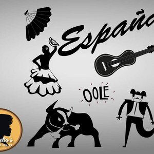 Könnte beinhalten: Schwarz-weiße Silhouette-Illustrationen einer Flamenco-Tänzerin, eines Stiers, einer Gitarre, eines Fächers und eines Mannes in traditioneller spanischer Tracht. Das Wort "España" ist in einer stilisierten Schrift geschrieben und das Wort "Olé" steht in einer Sprechblase.