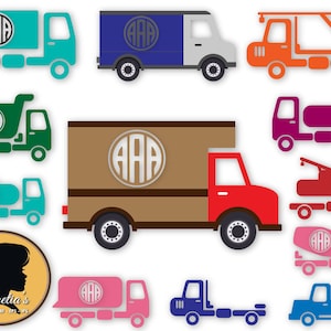 May include: A set of ten digital cut files featuring various truck designs with a monogram circle in the center. The trucks are in different colors, including teal, green, brown, blue, pink, red, orange, and purple. The monogram circle is in a light gray color.
