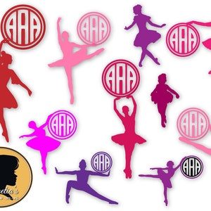 May include: A set of ten digital cut files featuring a ballerina silhouette with a monogram circle. The ballerinas are in various poses and colors, including pink, red, purple, and white. The monogram circles are white with black lettering.