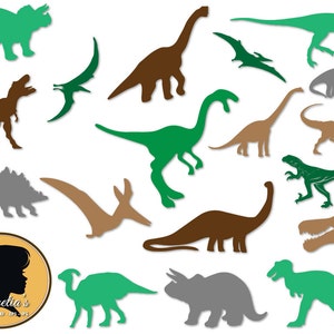 May include: A set of 12 dinosaur silhouette cut files in various colors, including green, brown, and gray. The dinosaurs are in different poses, including standing, walking, and running. The files are perfect for creating crafts, decorations, and more.