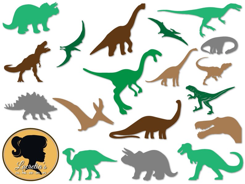 May include: A set of 12 dinosaur silhouette cut files in various colors, including green, brown, and gray. The dinosaurs are in different poses, including standing, walking, and running. The files are perfect for creating crafts, decorations, and more.