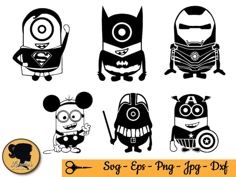 K&ouml;nnte beinhalten: Schwarz-wei&szlig;e Silhouettenbilder verschiedener Charaktere, darunter ein Minion, der als Superman verkleidet ist, ein Minion, der als Batman verkleidet ist, ein Minion, der als Iron Man verkleidet ist, ein Minion, der als Mickey Mouse verkleidet ist, ein Minion, der als Darth Vader verkleidet ist und ein Minion, der als Captain America verkleidet ist.