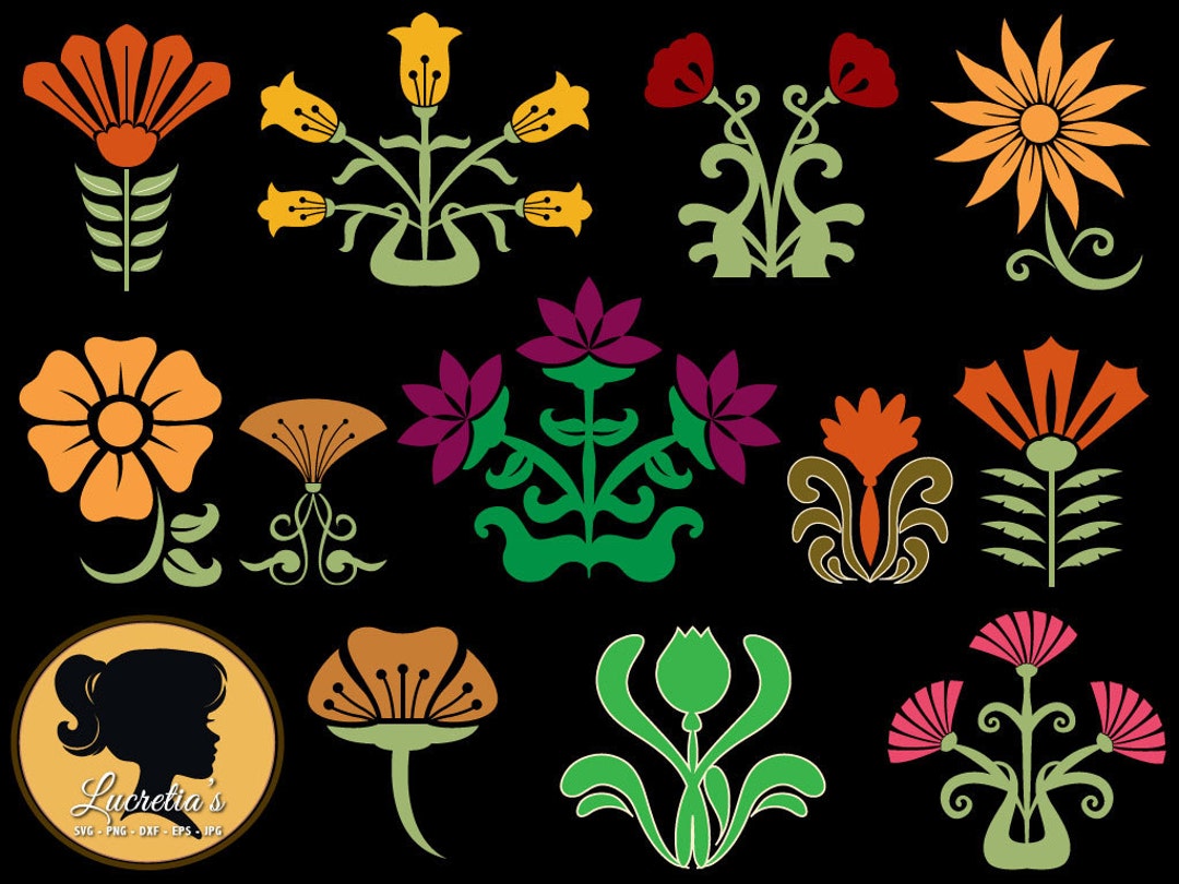 Art Nouveau Flowers Silhouette, Flowers Design Svg, Cut Files for Vinyl