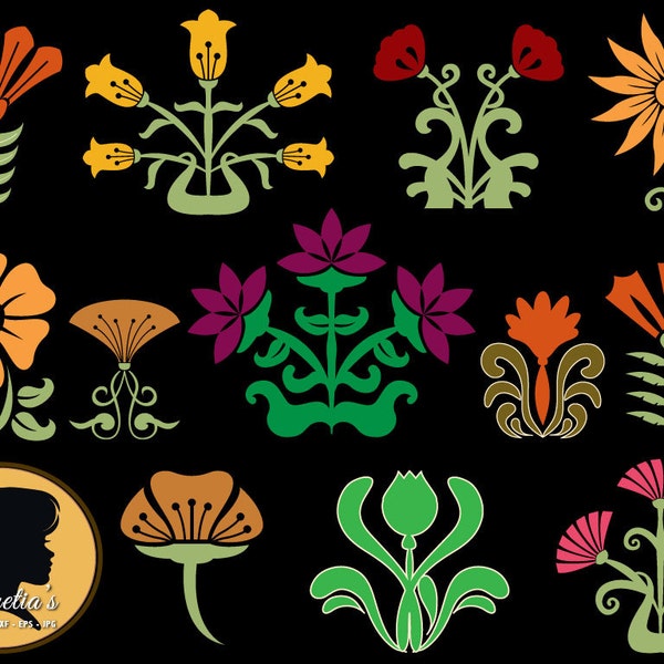 Art nouveau flowers Silhouette, Flowers design Svg, Cut Files for Vinyl Cutters,  Die Cut Machines,Vector file svg, eps, Jpg, dxf, png,