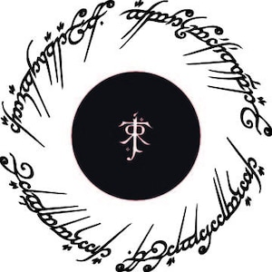 May include: A black ring with the inscription "One Ring to rule them all, One Ring to find them, One Ring to bring them all and in the darkness bind them" in Elvish script.