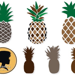 May include: A set of six pineapple silhouette designs in various shades of brown and green. The pineapples are in different sizes and orientations. The designs are perfect for crafting projects, scrapbooking, or creating digital art.