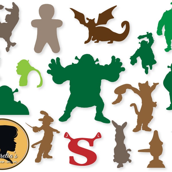 Shrek Silhouette SVG, Shrek , Fiona Svg, Puss in boots , Clip Art, Digital Download for Silhouette Cameo or Cricut, vector, clipart, svg