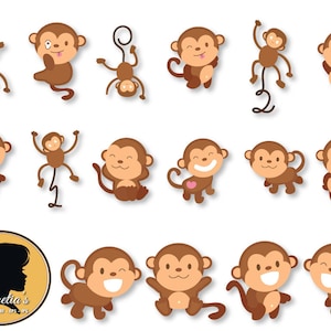 Puede incluir: Un conjunto de 14 ilustraciones de monos de dibujos animados marrones con varias expresiones y poses. Los monos son todos sonrientes y tienen diferentes expresiones faciales. Algunos se agarran a las enredaderas, mientras que otros se balancean de los árboles.