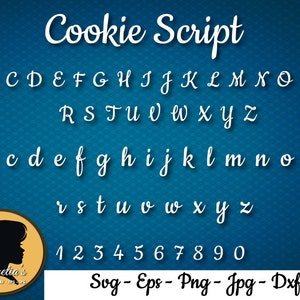 Pode incluir: Alfabeto em fonte de escrita branca com letras maiúsculas e minúsculas e números de 1 a 0. A fonte é chamada "Cookie Script".