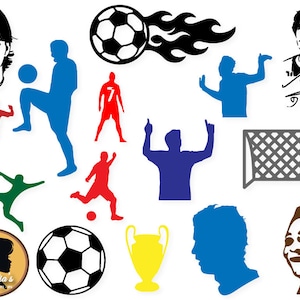 May include: A collection of black and white soccer-themed illustrations, including a soccer ball, a goal, a player, and a flame. The word "DIEGO" is written in black at the bottom of the image.