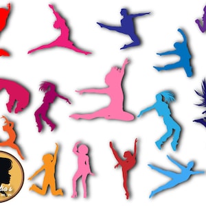 Puede incluir: Siluetas de bailarines en varias poses, con cada silueta en un color diferente. Los colores incluyen rojo, rosa, azul, morado, naranja y turquesa.