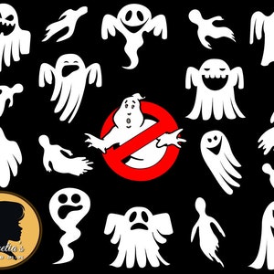 Op de afbeelding: Een digitaal ontwerp met een verzameling witte geestsilhouetten in verschillende poses, waaronder een geest met een rood 'geen geest'-symbool. Het ontwerp is perfect voor Halloween-decoraties, knutselen en kleding.