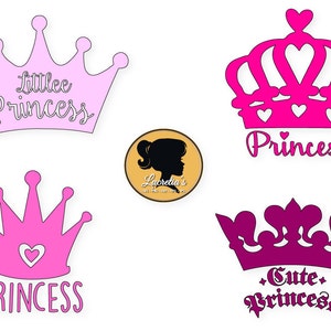 May include: Four pink and purple princess crown designs with the words "little princess", "Princess", "PRINCESS", and "Cute Princess".