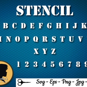 May include: A white stencil with the letters of the alphabet and numbers 1 through 0. The stencil is on a blue background.