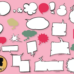 May include: A collection of 20 hand-drawn speech bubbles in various shapes and sizes, including circles, squares, rectangles, and stars. The bubbles are white with black outlines and are set against a pink background.