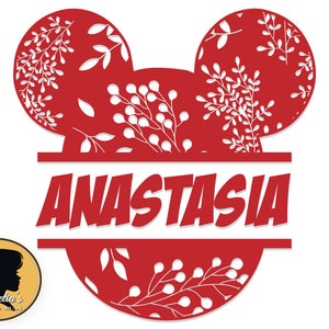 May include: Red Mickey Mouse ears with a white floral pattern and the name Anastasia written in white letters across the middle.